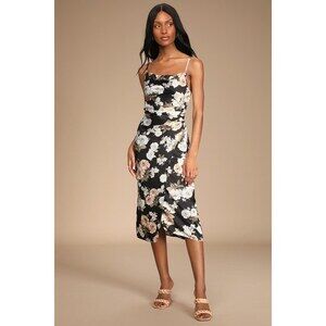 Lulus Hollywood Woman Black Floral Print Satin Midi Dress - Size L